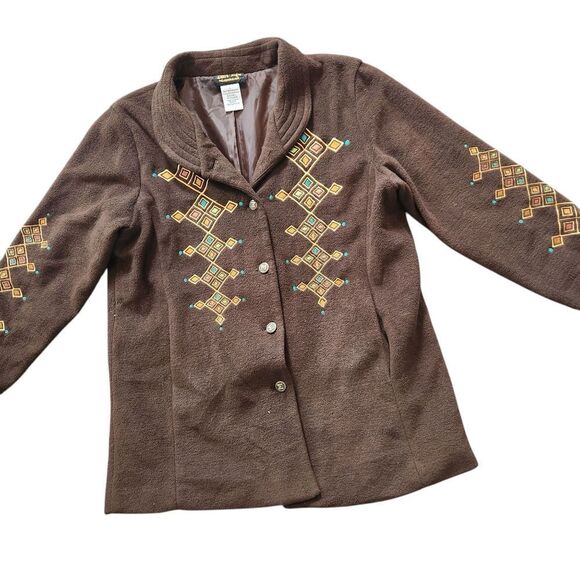 Bob Mackie Jacket Womens Large Wearable Art Fleece Coat Brown Embroidered Button - Picture 7 of 8